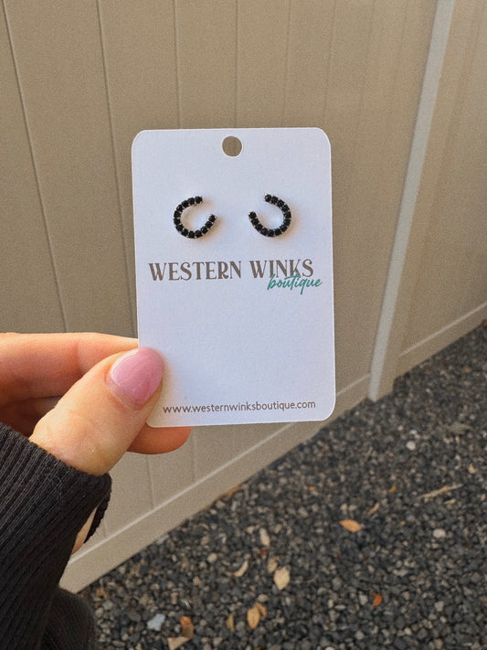 Dainty Western Style Horseshoe with Rhinestone Earrings - Black