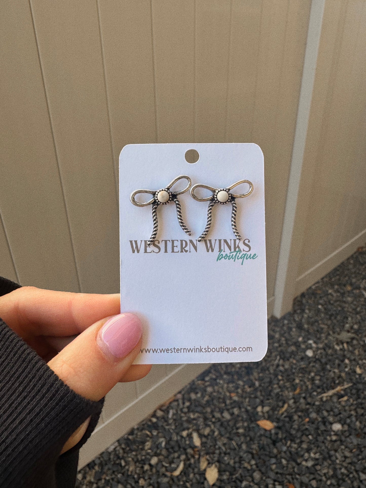 Western Coquette Bow Stone Stud Earrings - White