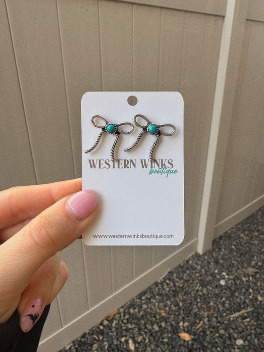 Western Coquette Bow Stone Stud Earrings - Turquoise