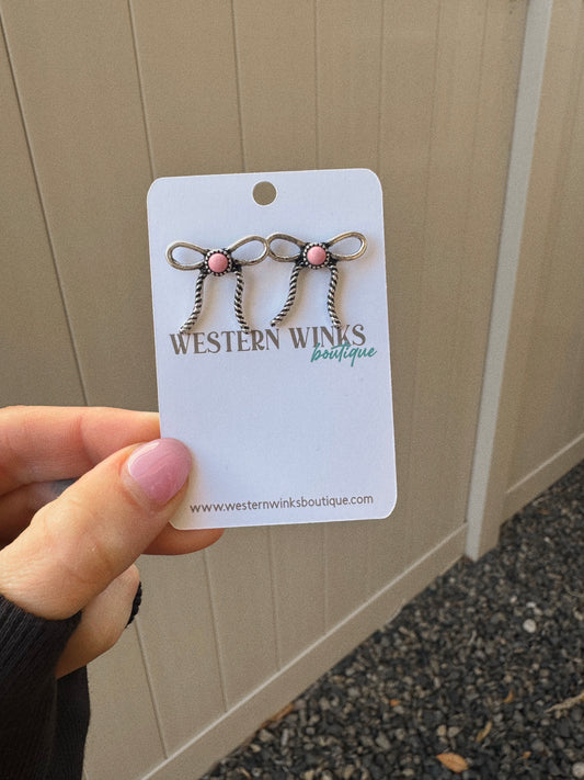 Western Coquette Bow Stone Stud Earrings - Pink