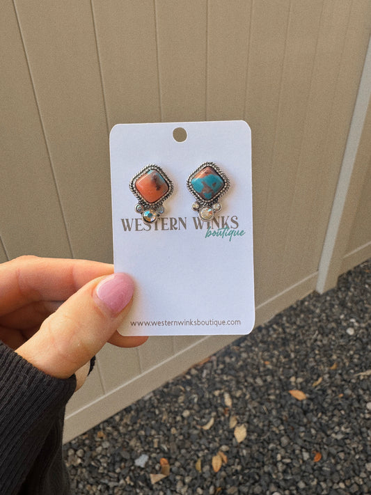 Western Diamond Shape Stone Stud Earrings - Turquoise/Brown