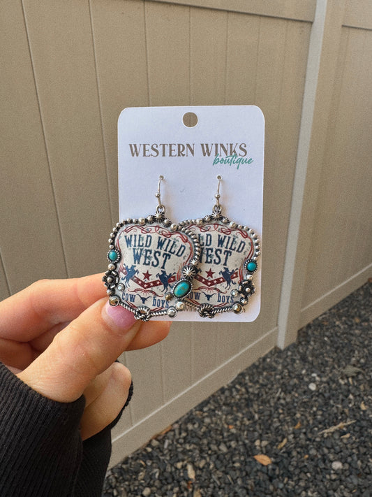Western Style Pendant with Turquoise Stone Drop Earrings - Wild West