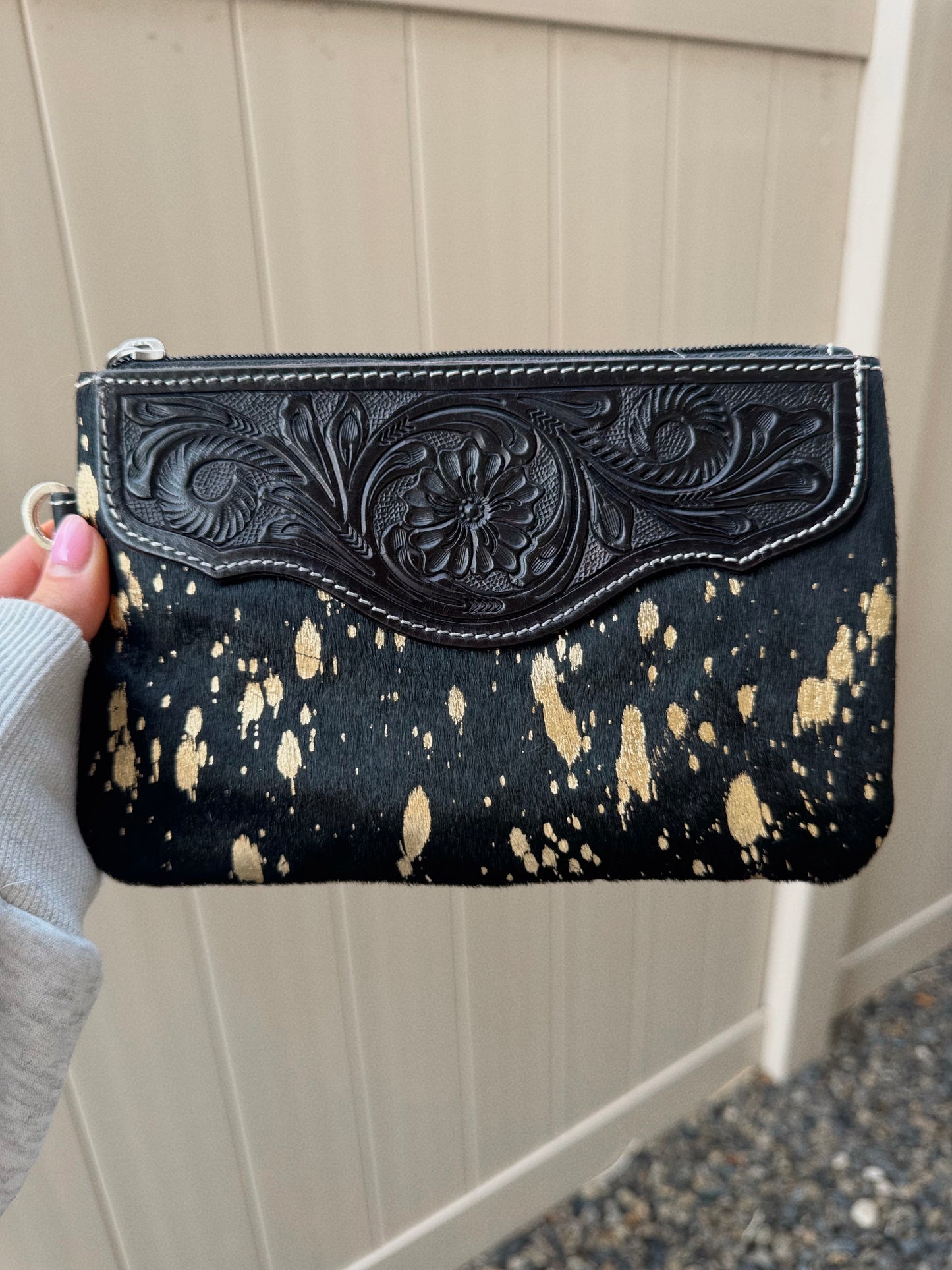 Lexie Cowhide Wristlet Western Purse Bag - Black + Gold