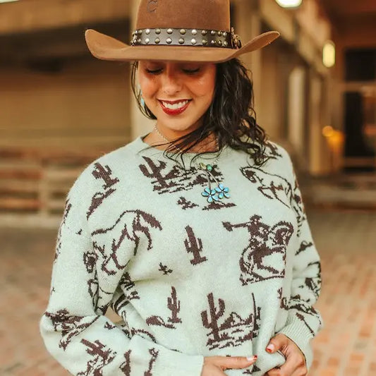 Desert Printed Knitted Long Sleeve Sweater - Olive