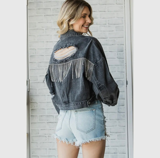 Silver Fringe Distressed Denim Jacket