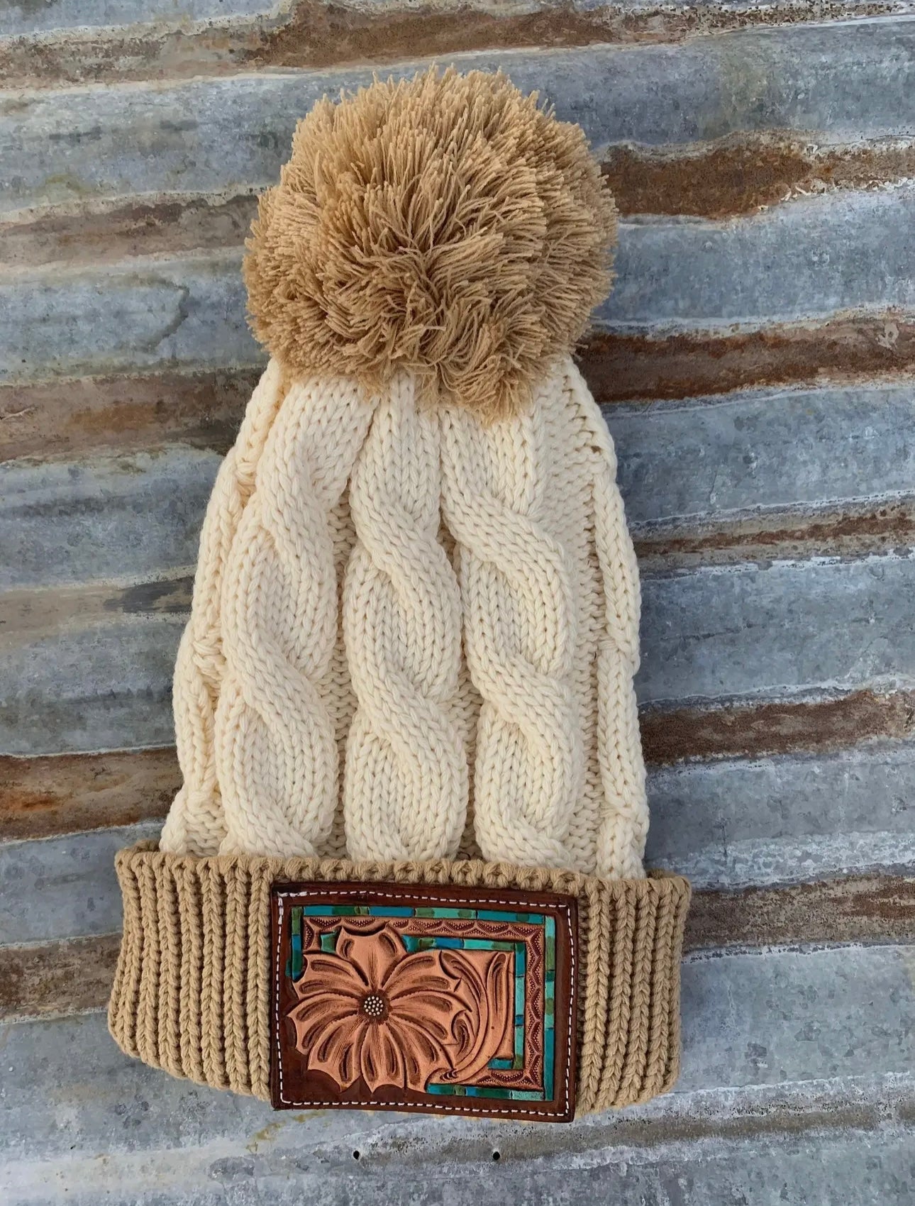 Tooled Leather Patch Beanie