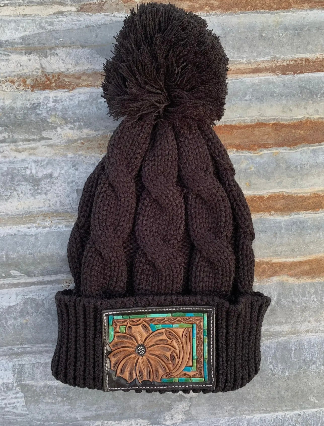 Tooled Leather Patch Beanie