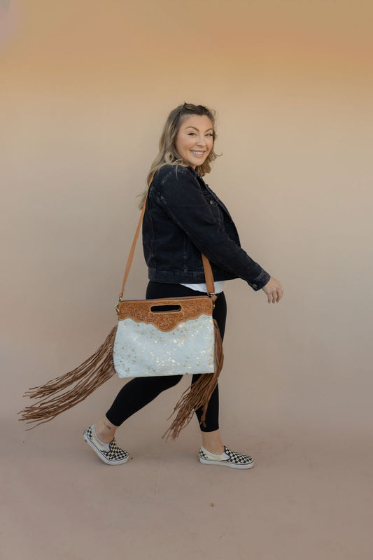 White & Gold Specs Cowhide Purse