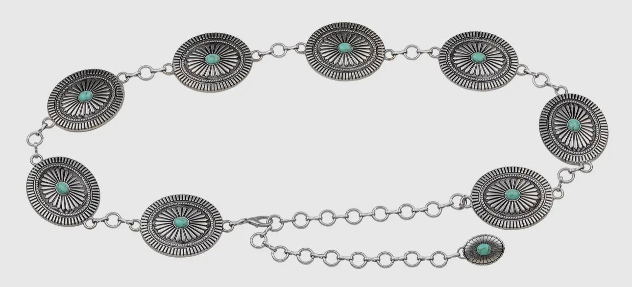 Western Silver Turquoise Concho Chain Belt