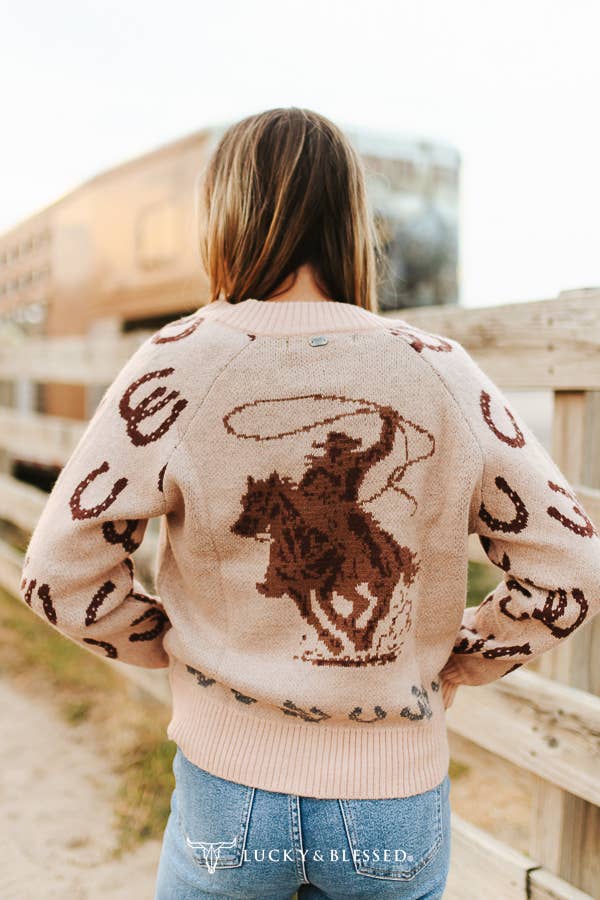 Western Cactus & Horseshoe Knitted Zip-Up Sweater - Beige