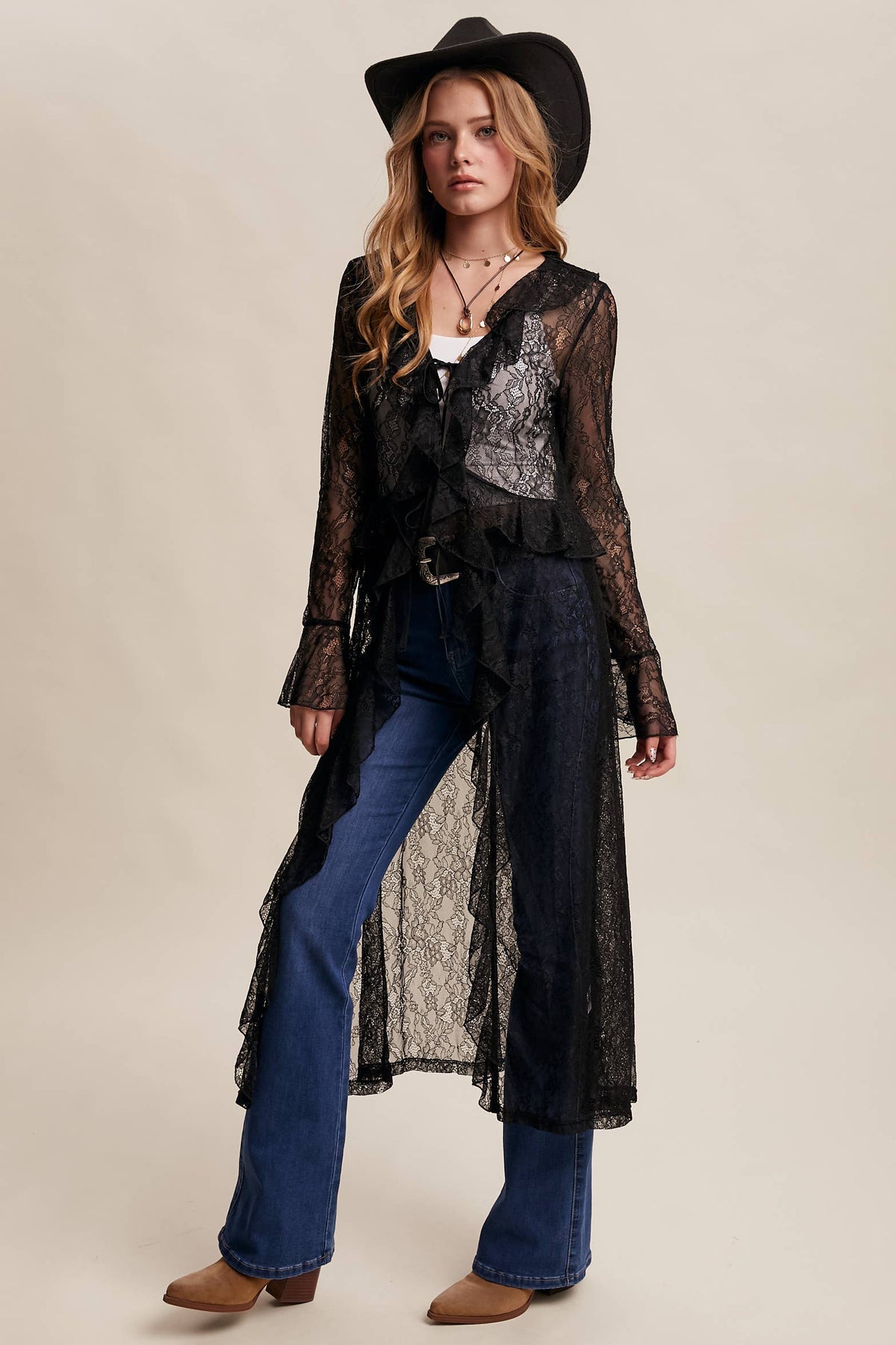Sheer Lace Ruffle Duster - Black