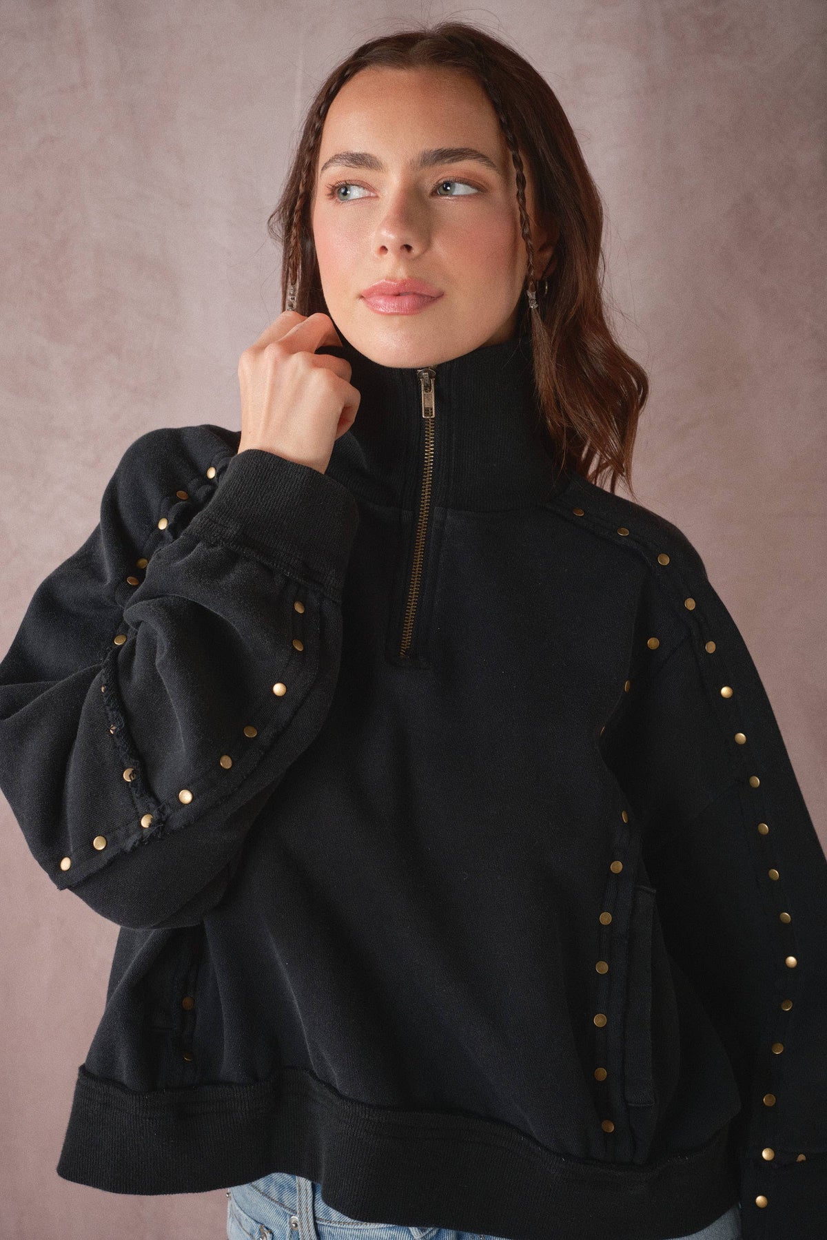 Studded Half-Zip Sweatshirt - Black
