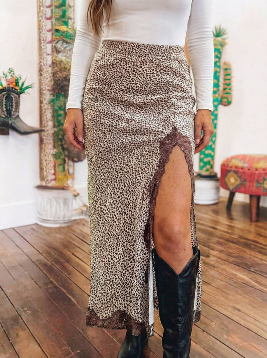 Western Cheetah Ruched High Waist Lace Splicing Slit Skirt