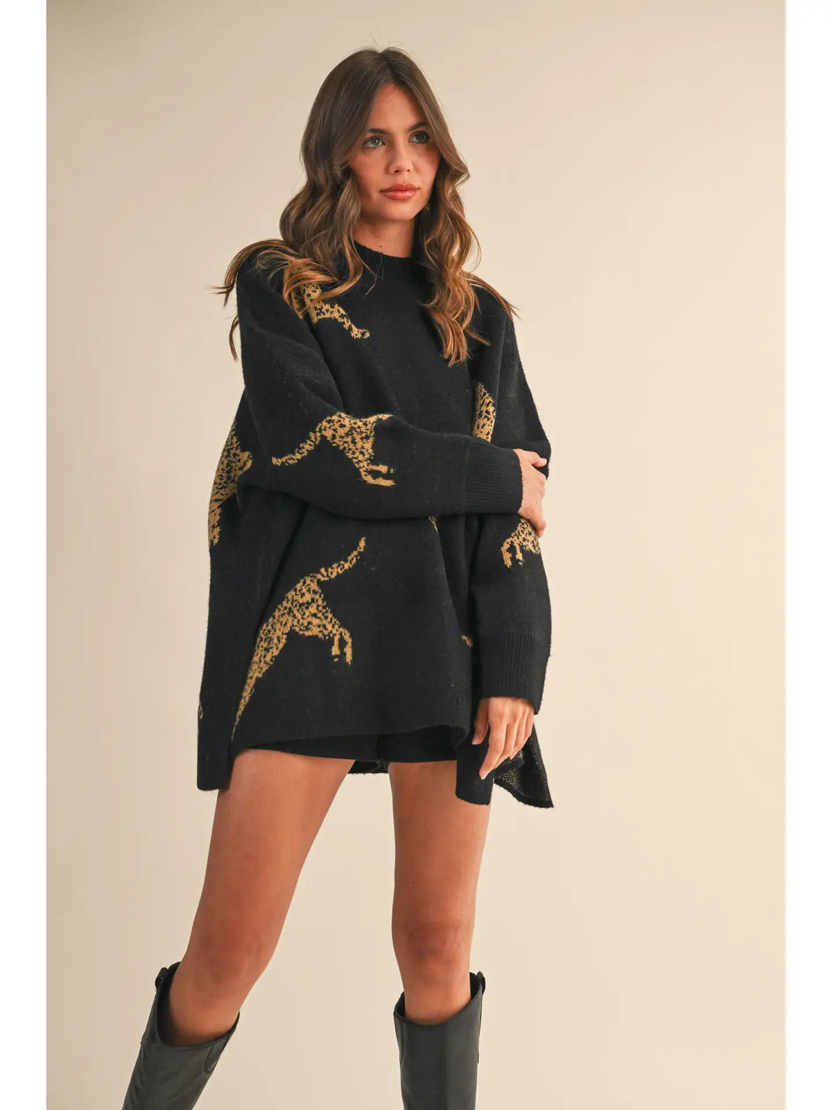 Cheetah Print Oversized Mock Neck Sweater Top - Black