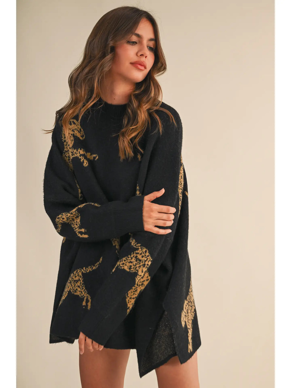 Cheetah Print Oversized Mock Neck Sweater Top - Black
