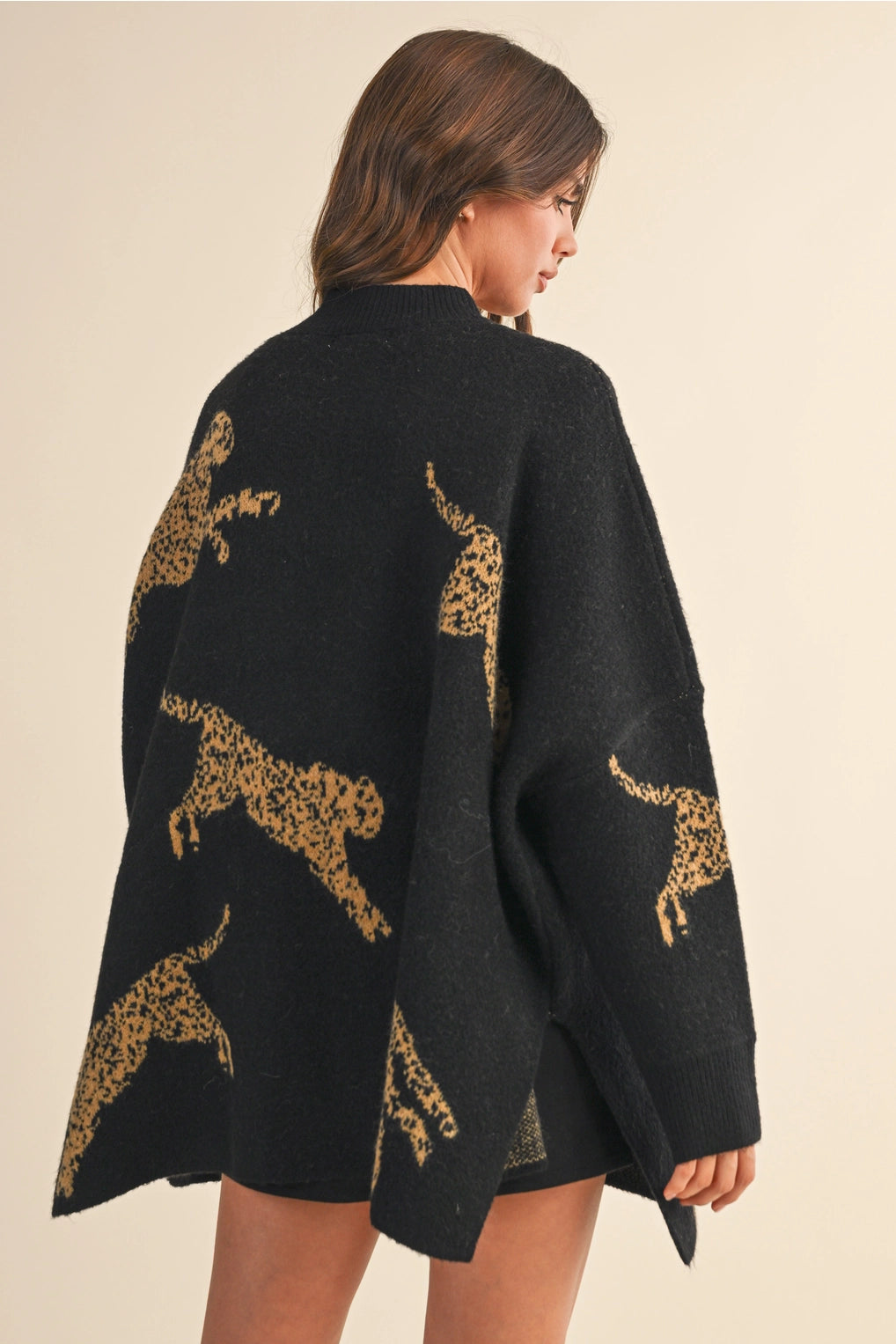 Cheetah Print Oversized Mock Neck Sweater Top - Black