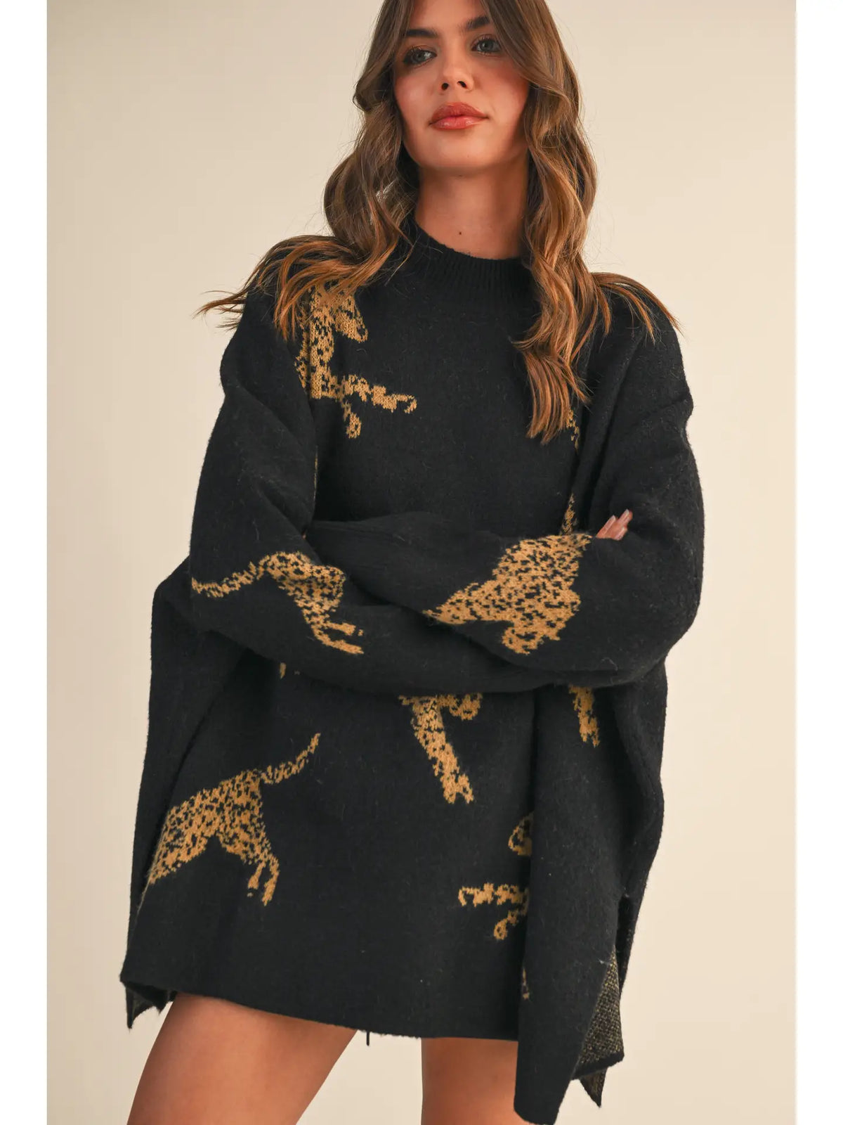 Cheetah Print Oversized Mock Neck Sweater Top - Black