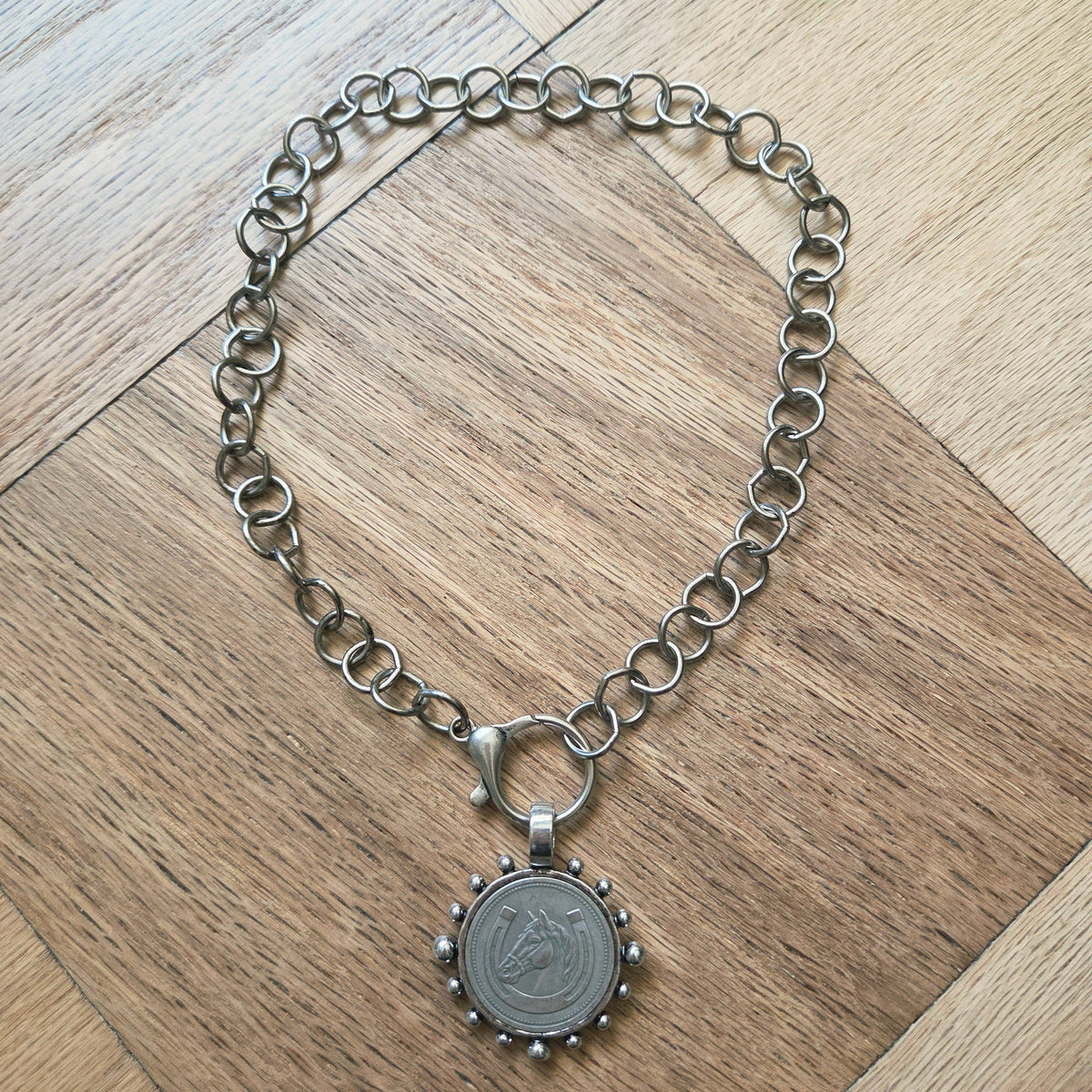 Horse with Horseshoe Coin in Bezel Chain Necklace