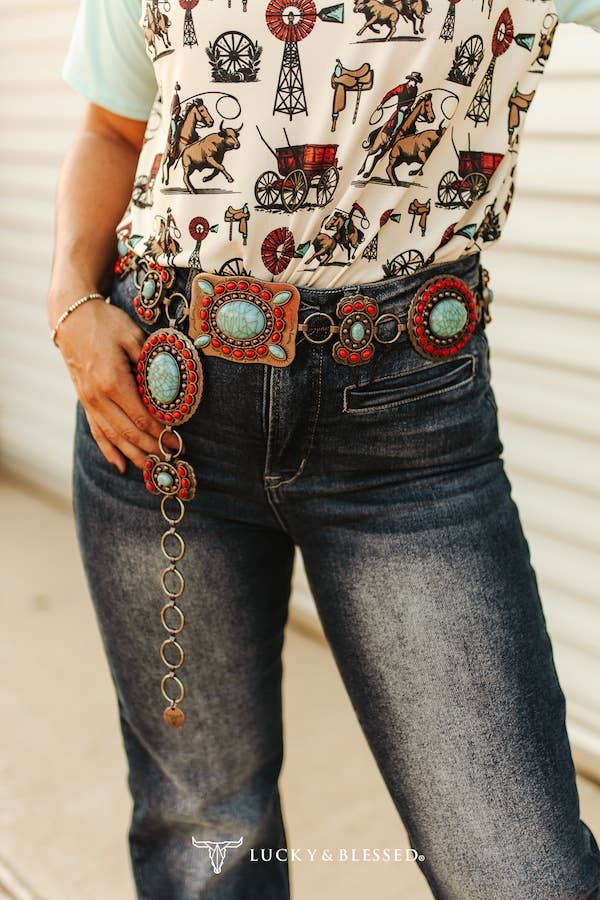 Red and Turquoise Stone Metal Chain Link Belt