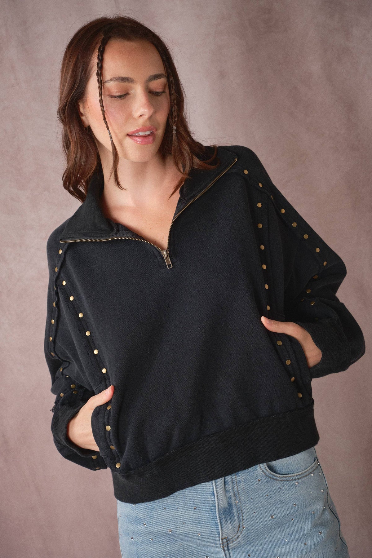 Studded Half-Zip Sweatshirt - Black