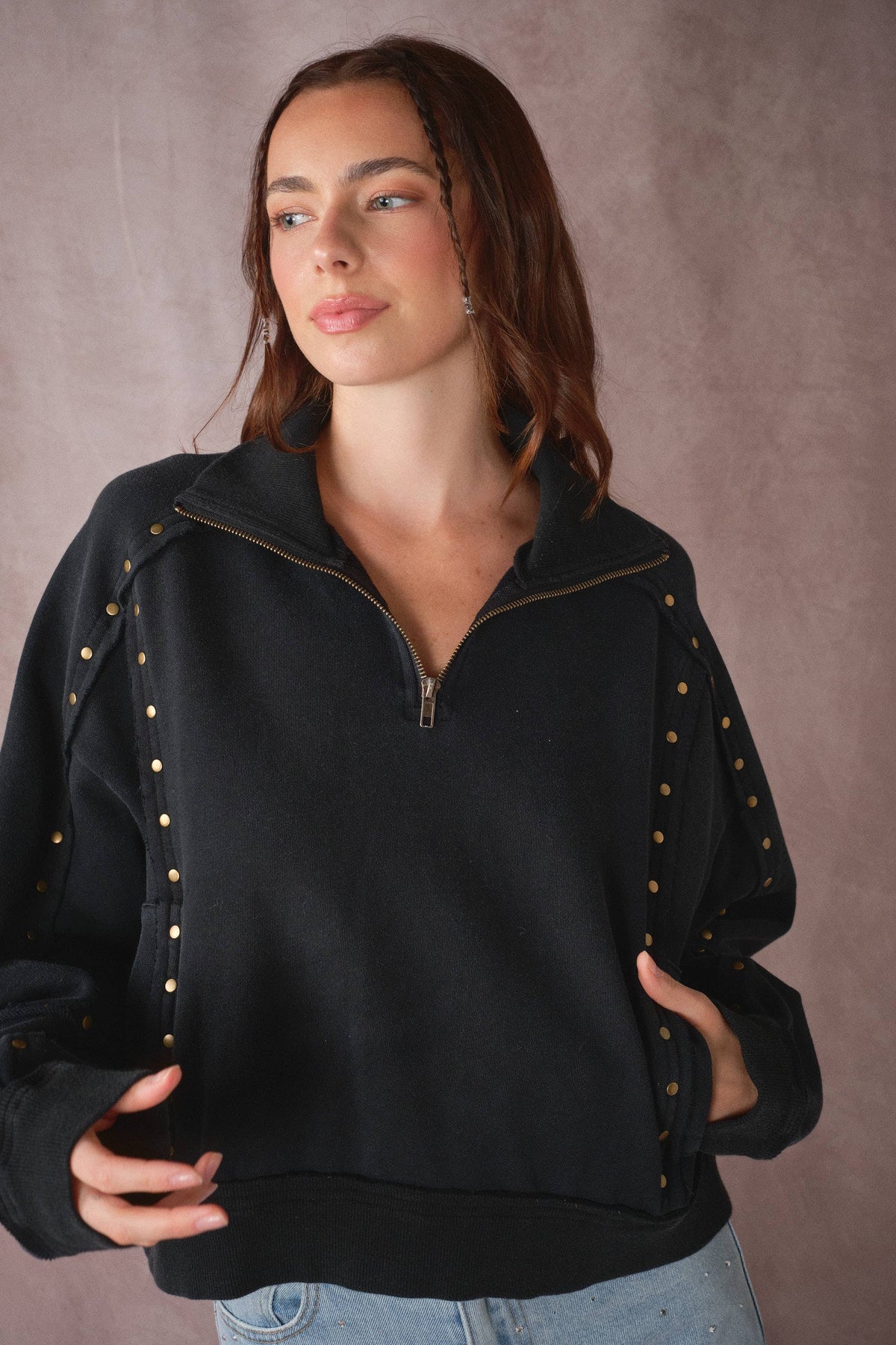 Studded Half-Zip Sweatshirt - Black