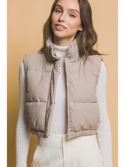 Cropped Puffer Vest - Taupe