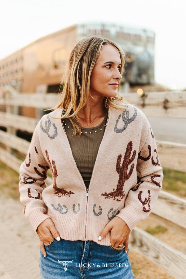 Western Cactus & Horseshoe Knitted Zip-Up Sweater - Beige