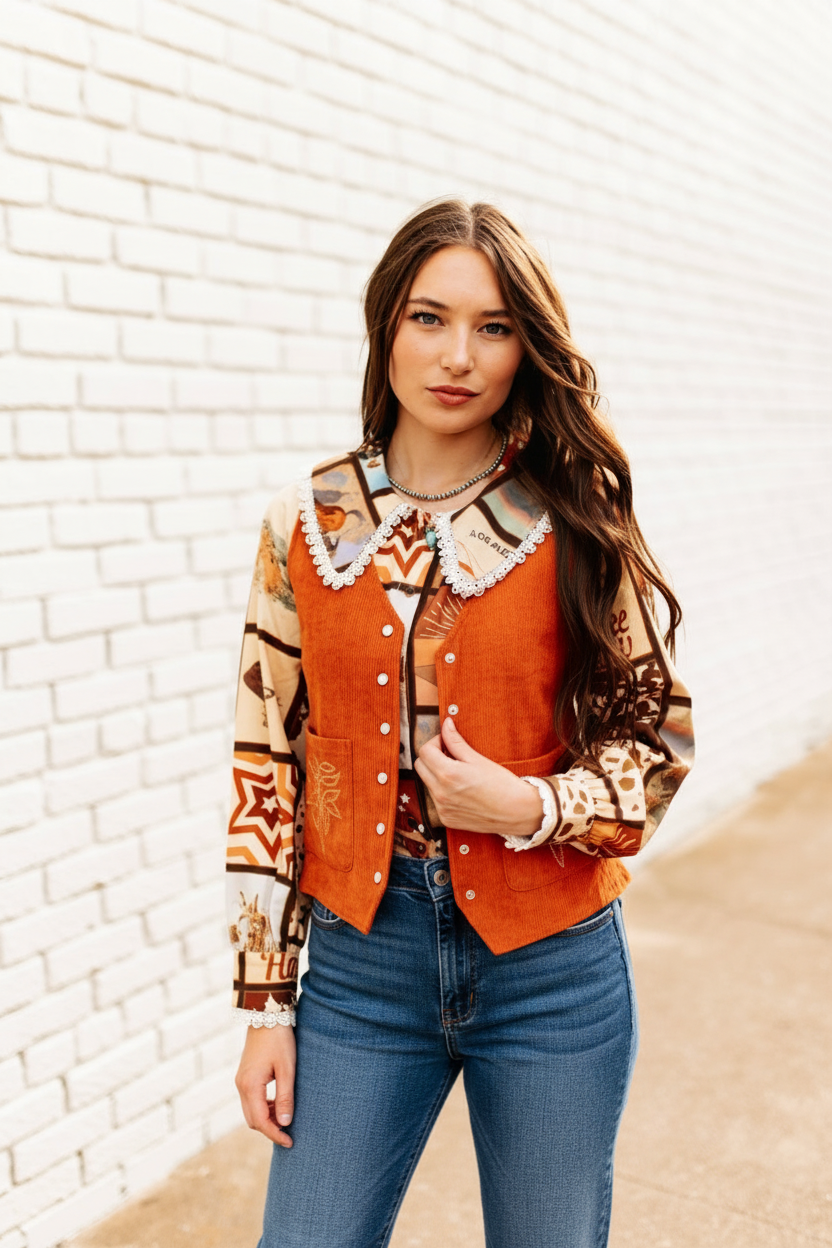 Rust Cord Pearl Snap Vest