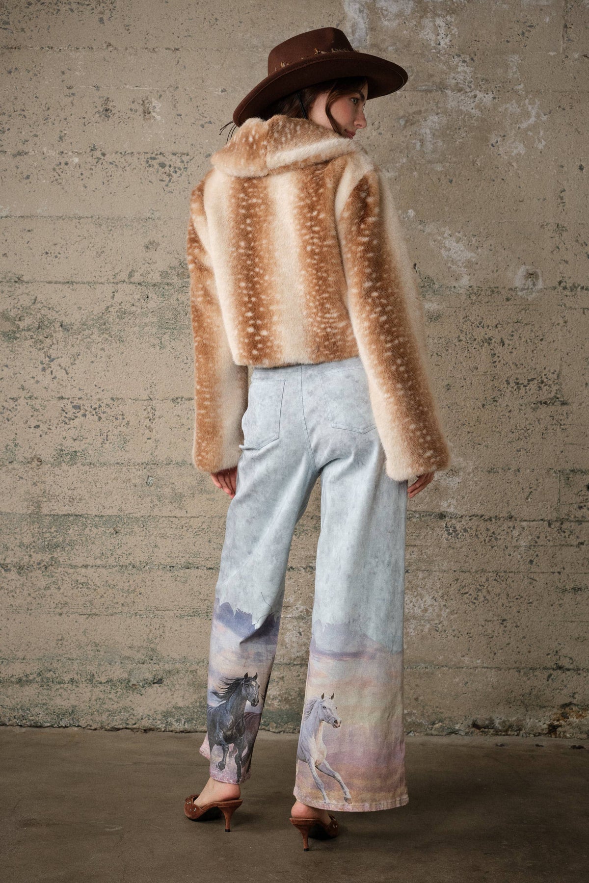 Western Horse Print Wide Leg Jeans - Light Wash