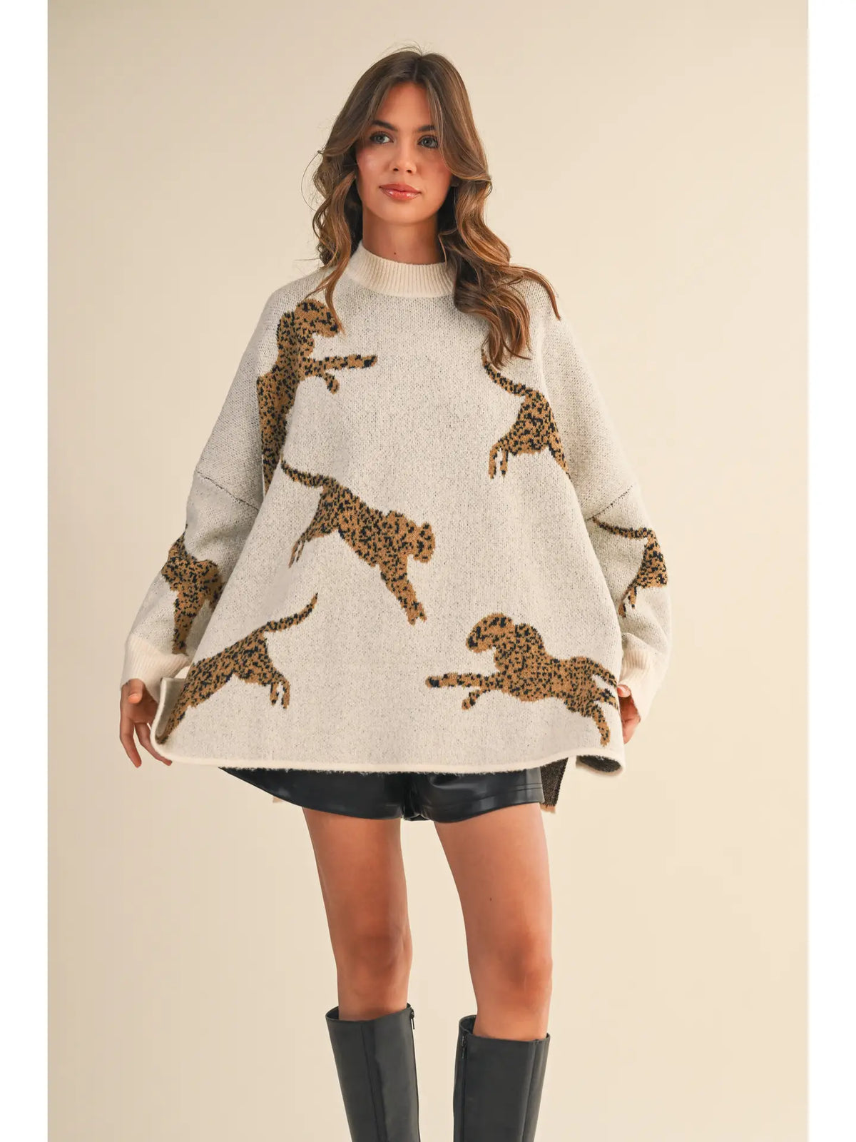 Cheetah Print Oversized Mock Neck Sweater Top - Ivory