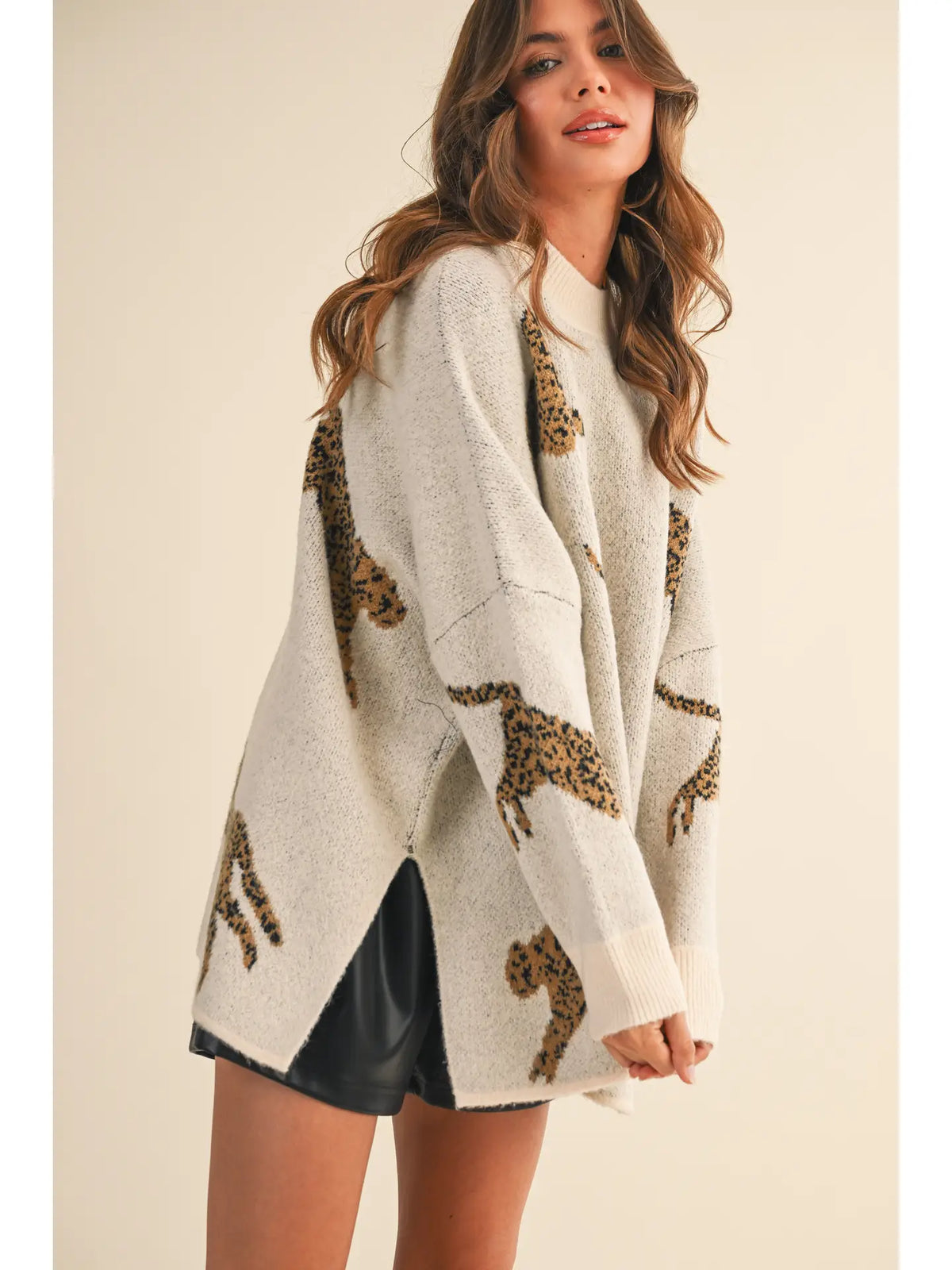 Cheetah Print Oversized Mock Neck Sweater Top - Ivory