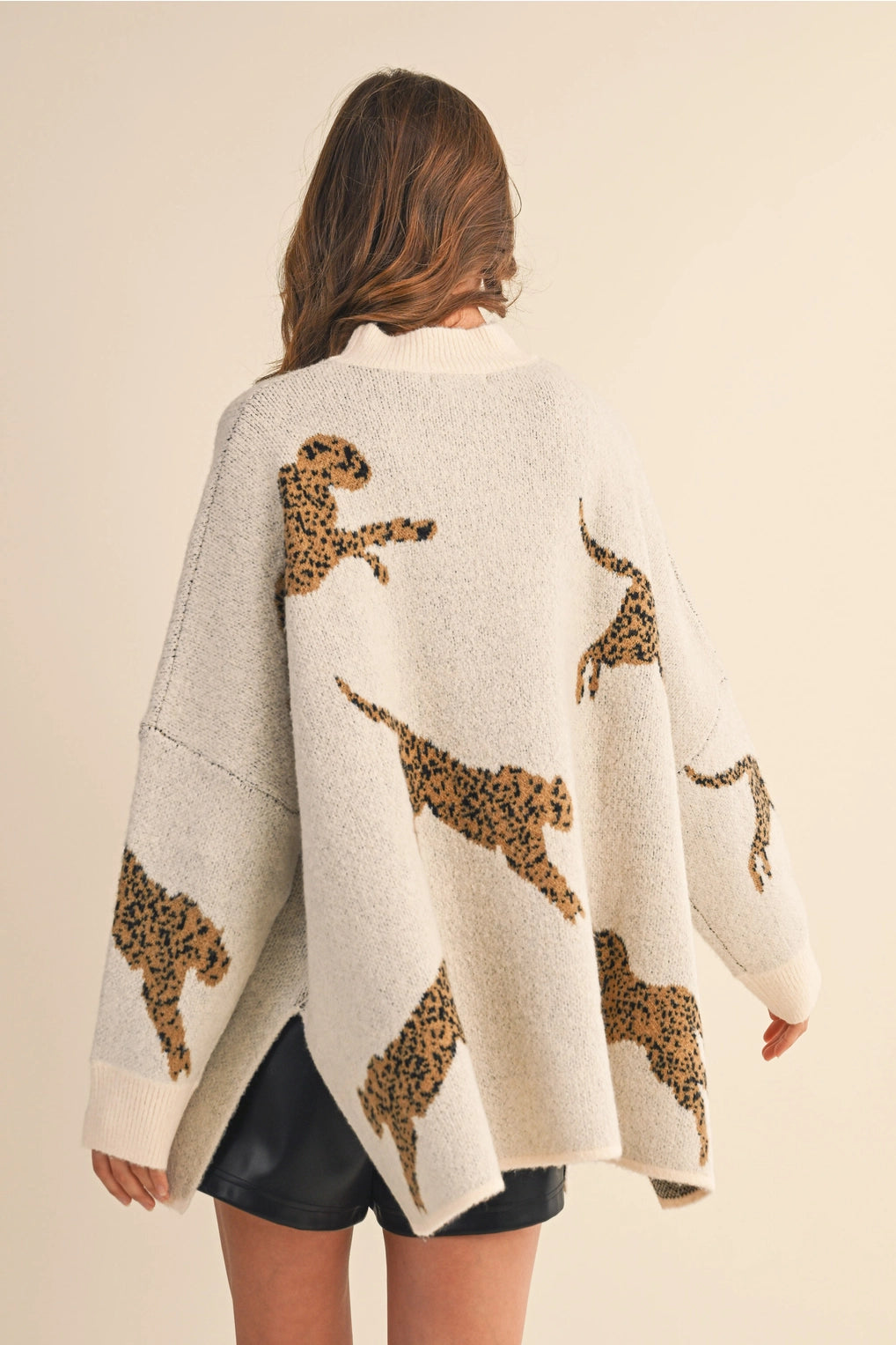 Cheetah Print Oversized Mock Neck Sweater Top - Ivory