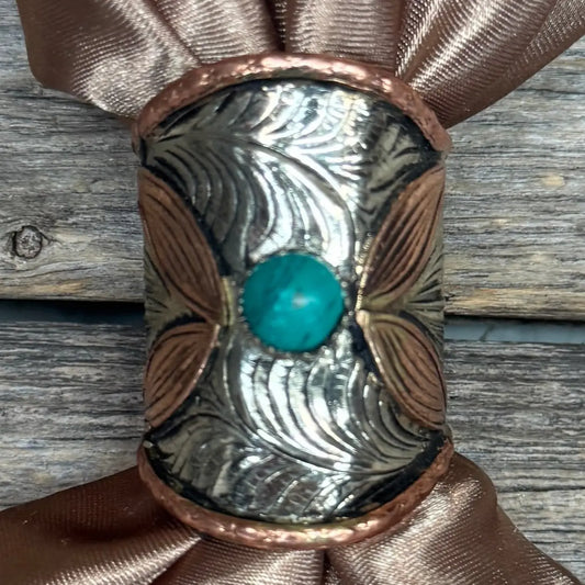 Silver Engraved Copper Leaf with Turquoise Wild Rag Slide