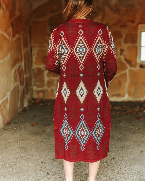 Aztec Long Sleeve Knitted Cardigan - Wine