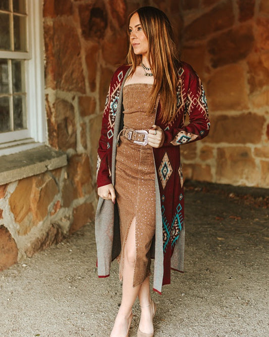 Aztec Long Sleeve Knitted Cardigan - Wine